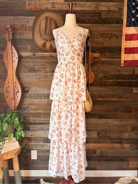 Floral Tiered Maxi Dress - White with Pink Rose Print